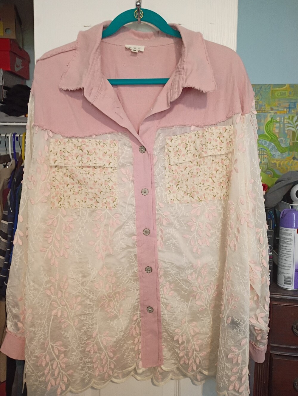 Women's Pink Lace-Overlay Button-Up Shirt